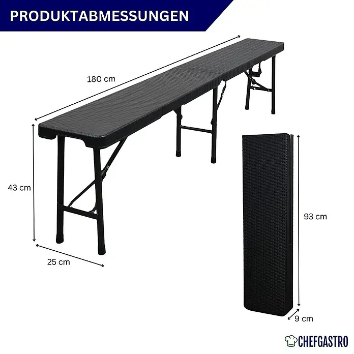 2er Set Bierbank klappbar 43x180x25cm für 8 Personen Rattan Optik, Schwarz -  - Schwarze strukturierte klappbare Gartenbank, 180x25x43 cm ausgeklappt, 93x25x9 cm zusammengeklappt.
