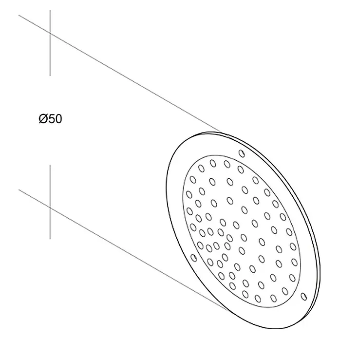 Air-Circle Lüftungsblech - 50 mm, Weiß - Abbildung einer runden Duschbrause mit Löchern und einem Durchmesser von 50 mm, die in einer schematischen Zeichnung dargestellt ist.
