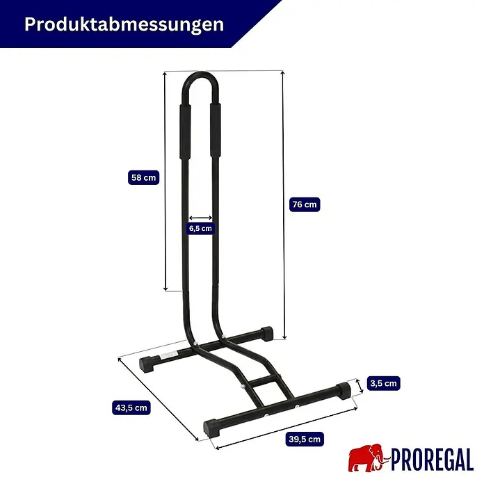 PROREGAL Fahrradständer STAND HxBxT 74x43x43cm -  - Schwarzer Fahrradständer aus Metall mit Maßen: Höhe 76cm, Breite 43,5cm, Tiefe 39,5cm, Armabstand 6,5cm, Endkappen 3,5cm.