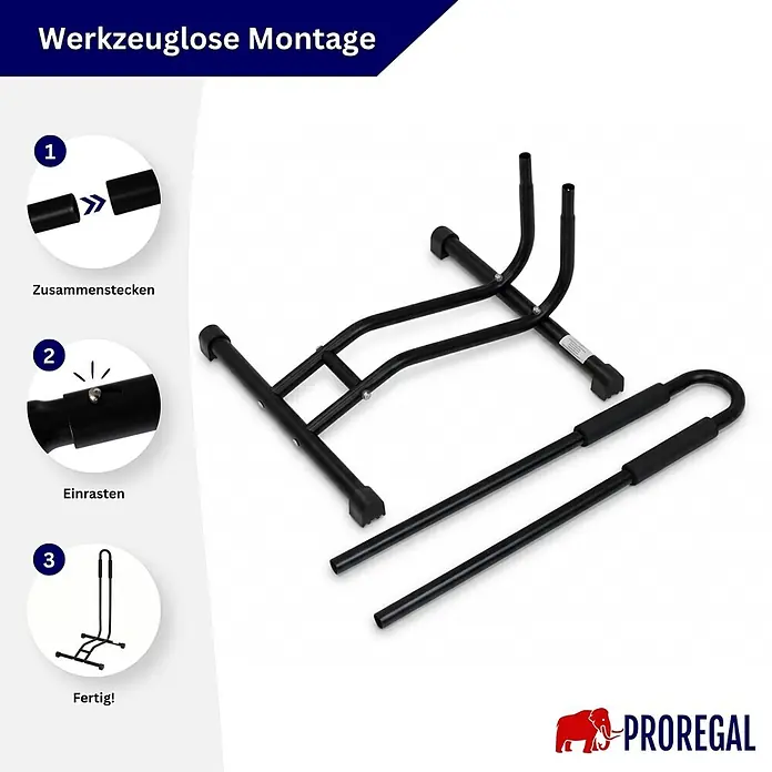 PROREGAL Fahrradständer STAND HxBxT 74x43x43cm -  - Teile eines schwarzen Fahrradständers und dreischrittige Anleitung zur werkzeuglosen Montage.