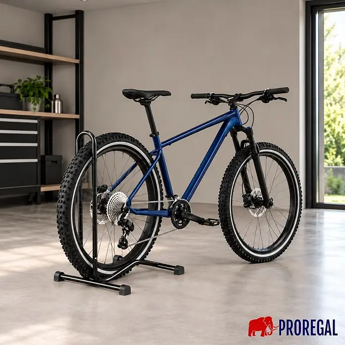 PROREGAL Fahrradständer STAND HxBxT 74x43x43cm -  - Schwarzer Metall-Fahrradständer, der ein blaues Mountainbike in einer Garagenumgebung hält.