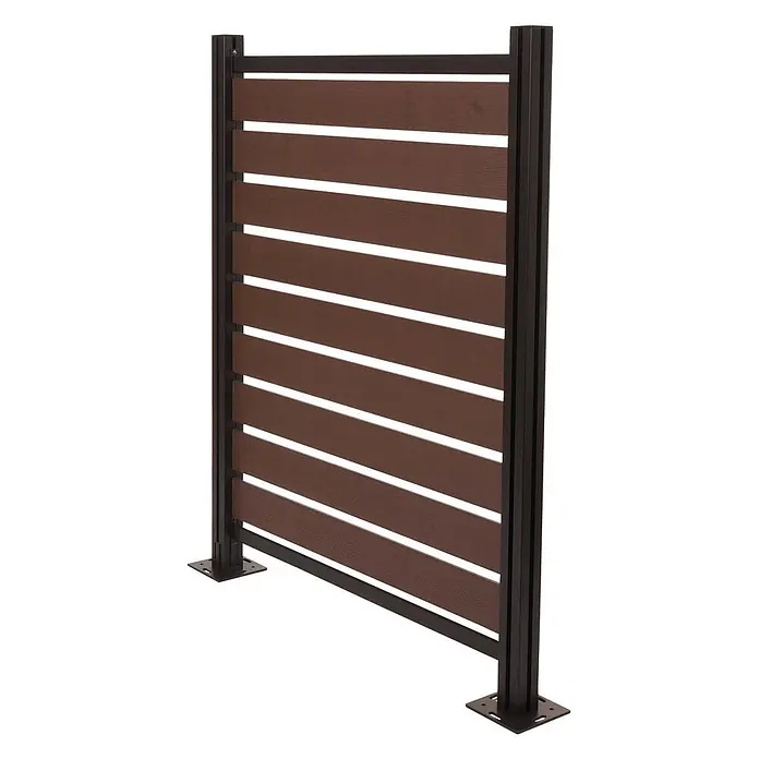 Alu Mülltonnen-Zaun 130x110x6cm Basiselement Braun Holzoptik erweiterbar -  - Modernes Zaunelement mit dunkelbraunen Querlamellen und schwarzen Metallpfosten, mit Grundplatten zur freistehenden Montage.