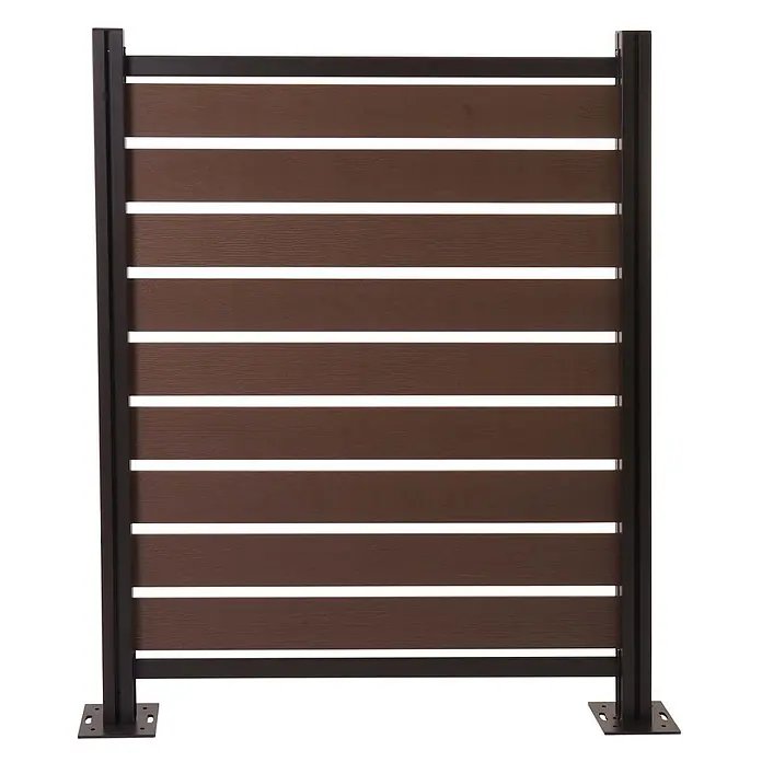 Alu Mülltonnen-Zaun 130x110x6cm Basiselement Braun Holzoptik erweiterbar -  - Braunes Lattenzaunelement mit schwarzem Metallrahmen und Sockel.