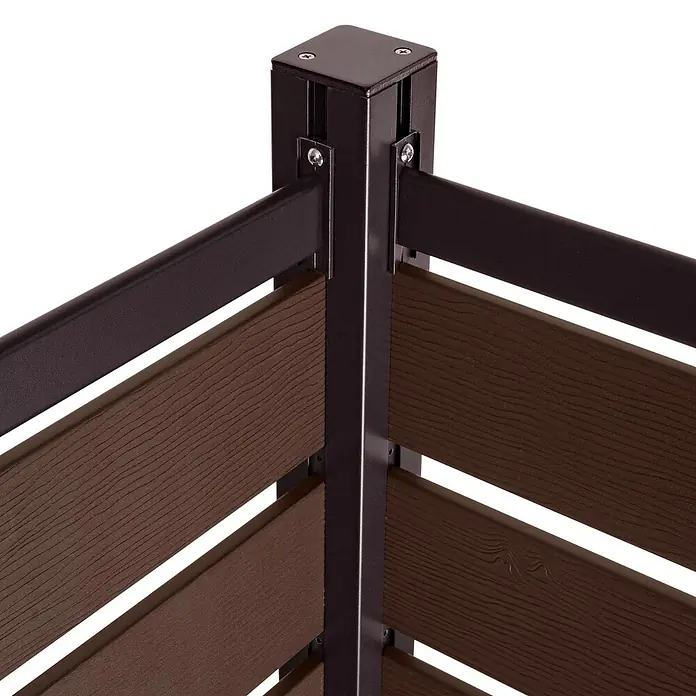 Alu Mülltonnen-Zaun 130x110x6cm Basiselement Braun Holzoptik erweiterbar -  - Dunkelbrauner Metalleckpfosten mit dunkelbraunen WPC-Sichtschutzpaneelen.