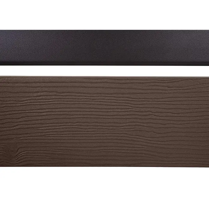 Alu Mülltonnen-Zaun 130x110x6cm Basiselement Braun Holzoptik erweiterbar -  - Zwei Baumaterialmuster: ein dunkelgraues, strukturiertes Oberteil und ein braunes, holzgemasertes Verbundunterteil.