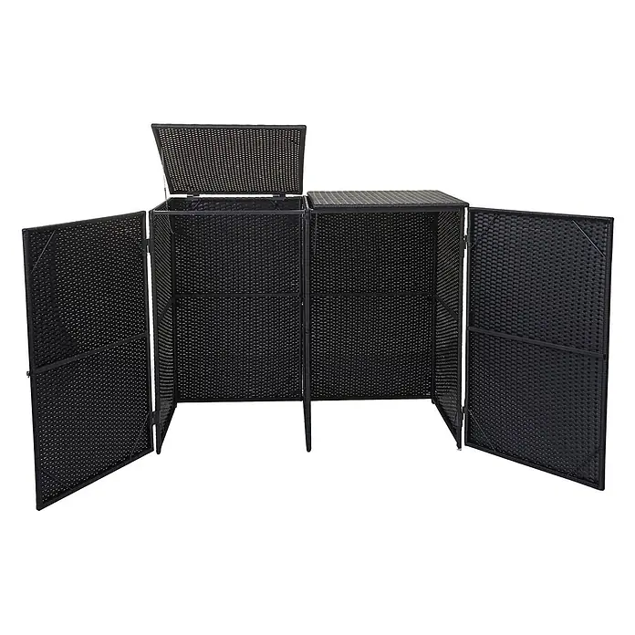 2er-Mülltonnenverkleidung 176x130x131cm Poly-Rattan Schwarz -  - Schwarzer Outdoor-Lagerschrank in Rattan-Optik mit zwei Fächern, eines mit offener Klappe und eines mit offener Fronttür.
