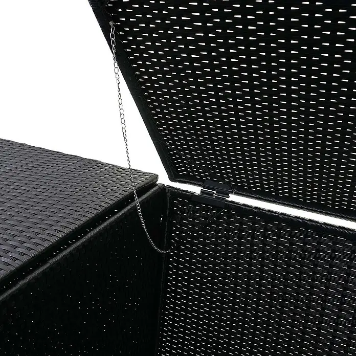 2er-Mülltonnenverkleidung 176x130x131cm Poly-Rattan Schwarz -  - Schwarze geflochtene Aufbewahrungsbox mit geöffnetem Deckel, der von einer Metallkette gehalten wird.