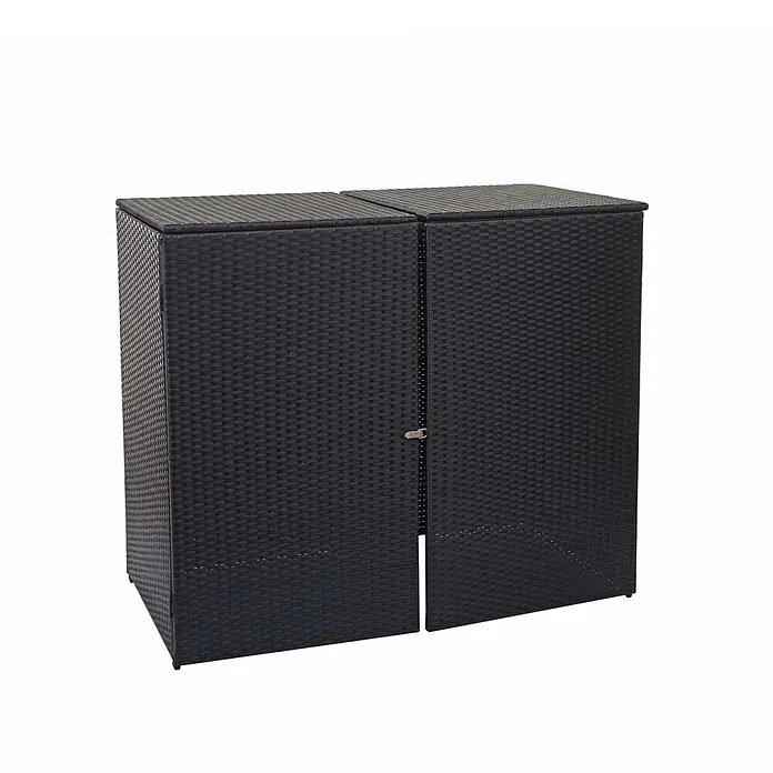 2er-Mülltonnenverkleidung 176x130x131cm Poly-Rattan Schwarz -  - Dunkelgrauer Rattan-Gartenschrank mit zwei Flügeltüren und Riegel.