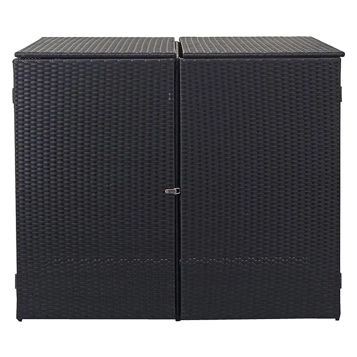 2er-Mülltonnenverkleidung 176x130x131cm Poly-Rattan Schwarz -  - Schwarzer Outdoor-Rattanschrank mit zwei Deckeln und zwei Türen, versehen mit einem Riegel.