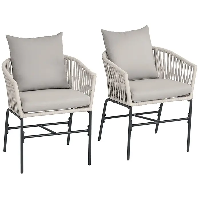 Furnicato Loungesessel-Set 2-teilig, Boho-Look, Beige -  - Zwei Outdoor-Stühle mit hellgrauen Kissen, geflochtenen Rückenlehnen und Armlehnen sowie schwarzen Metallgestellen.