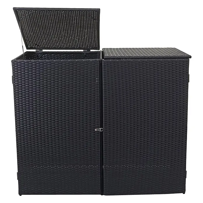 2er-Mülltonnenverkleidung 176x130x131cm Poly-Rattan Schwarz -  - Schwarzer Doppelschrank in Rattan-Optik, ein Deckel offen, einer geschlossen.