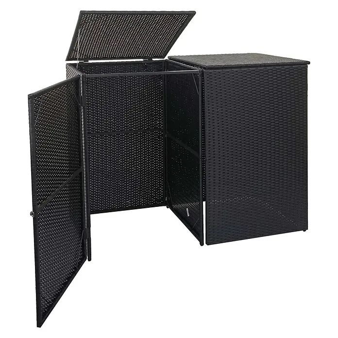 2er-Mülltonnenverkleidung 176x130x131cm Poly-Rattan Schwarz -  - Schwarzer Rattan-Look Outdoor-Schrank mit mehreren Fächern, einem offenen Deckel und einer geöffneten Vordertür.