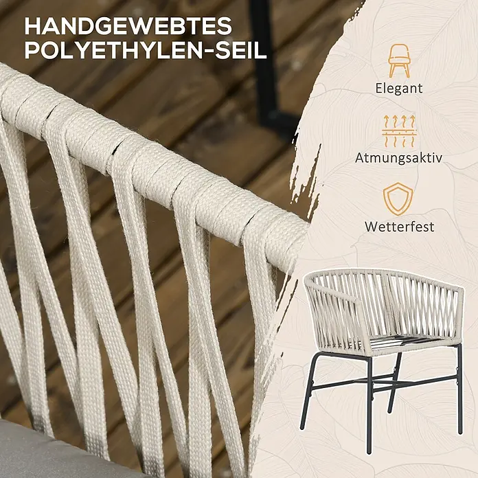 Furnicato Loungesessel-Set 2-teilig, Boho-Look, Beige -  - Nahaufnahme von handgewebtem beigem Polyethylen-Seil, zeigt einen eleganten, atmungsaktiven und wetterfesten Outdoor-Stuhl.