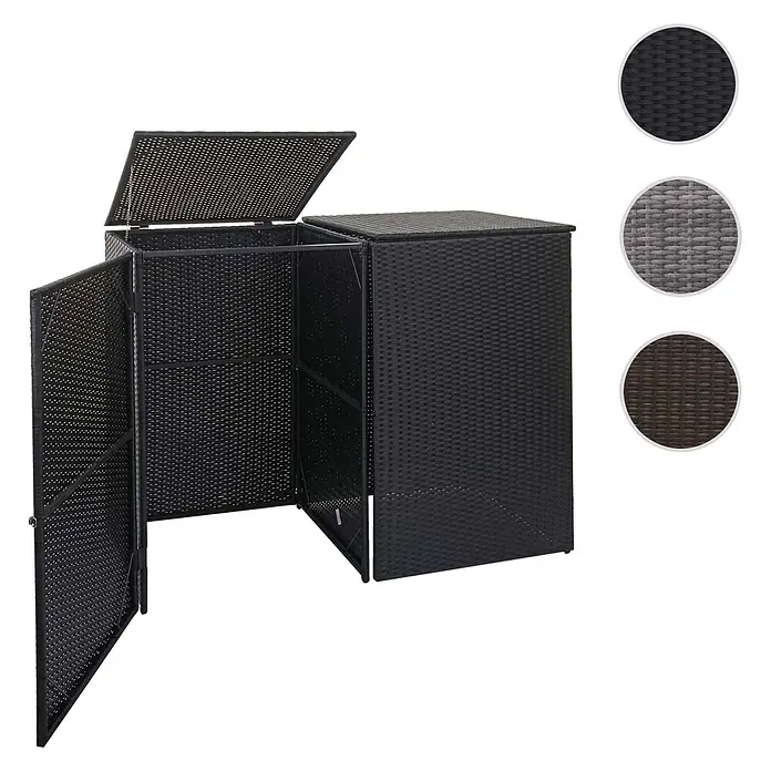 2er-Mülltonnenverkleidung 176x130x131cm Poly-Rattan Schwarz -  - Schwarzer Rattan-Mülltonnenbox mit offener Klappe und Tür, zeigt die Innenstruktur. Erhältlich in Schwarz, Grau und Braun.