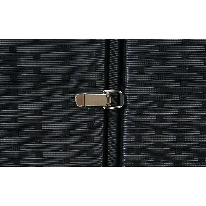 2er-Mülltonnenverkleidung 176x130x131cm Poly-Rattan Schwarz -  - Nahaufnahme von schwarzem Flechtmaterial mit einem silbernen Metallverschluss, der zwei Teile sicher schließt.