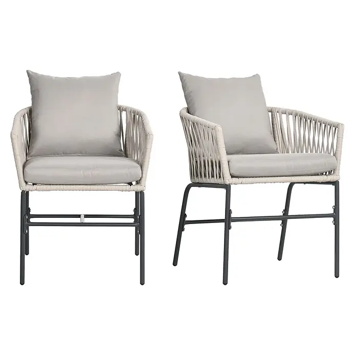 Furnicato Loungesessel-Set 2-teilig, Boho-Look, Beige -  - Moderner Outdoor-Stuhl mit grauen Kissen, beiger Seilgeflechtlehne und dunklem Metallgestell.