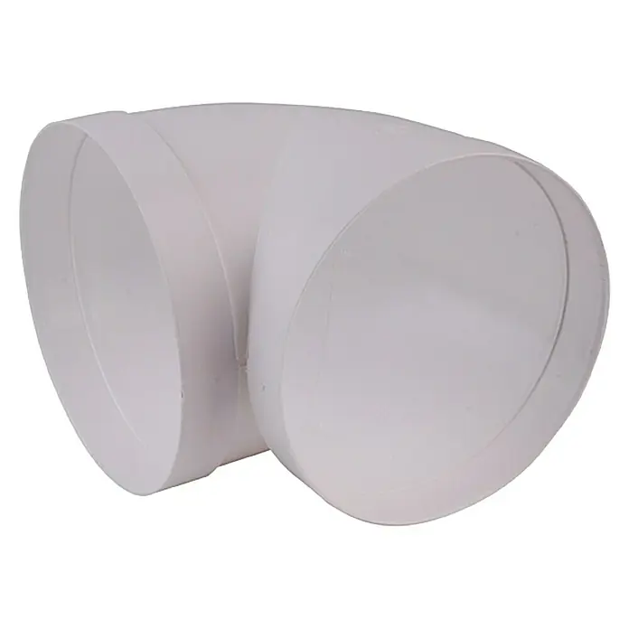 Air-Circle Rundrohr-Bogen - Durchmesser: 150 mm, Winkel: 90 ° - Nahaufnahme eines weißen PVC-Rohrbogens, der für Sanitär- oder Belüftungssysteme verwendet wird. Er zeigt eine glatte Oberfläche und 90-Grad-Winkel.