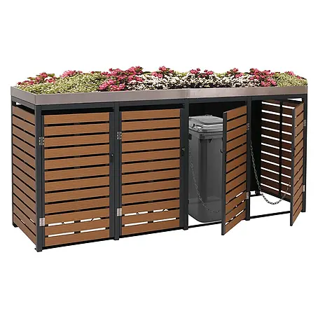 4er Mülltonnenverkleidung 124x265x84cm & Pflanzkasten Teak-Optik Edelstahl
