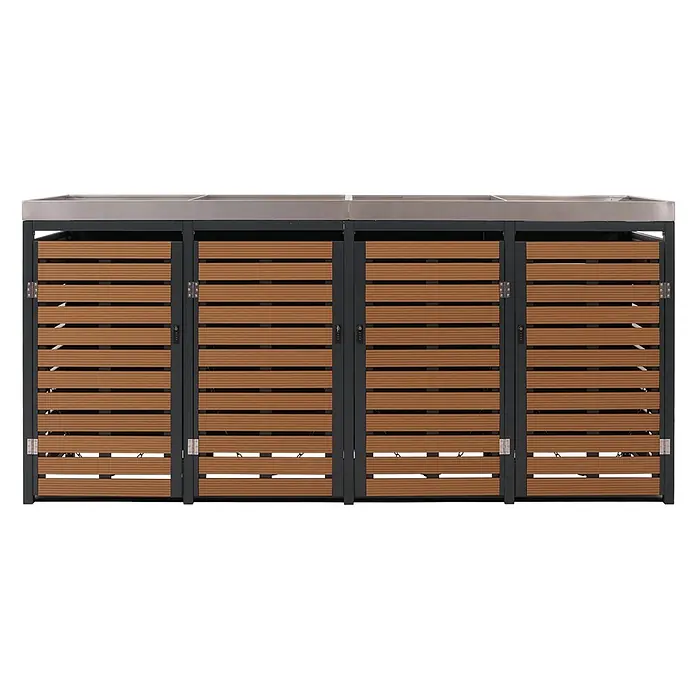 4er Mülltonnenverkleidung 124x265x84cm & Pflanzkasten Teak-Optik Edelstahl -  - Vierfach-Mülltonnenbox mit dunkelgrauem Metallrahmen, braunen Lamellentüren und silberner Platte.