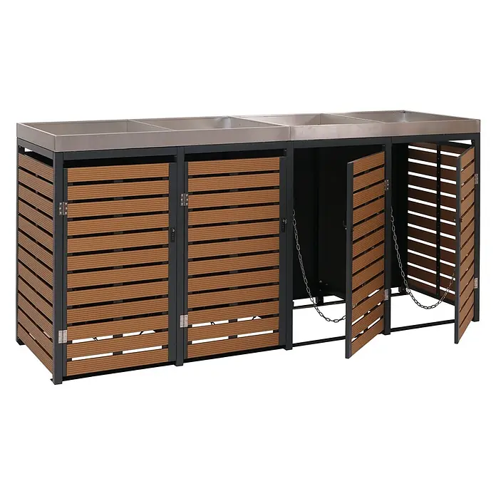 4er Mülltonnenverkleidung 124x265x84cm & Pflanzkasten Teak-Optik Edelstahl -  - Mülltonnenbox mit dunklem Metallrahmen, braunen Lamellentüren aus WPC und Edelstahlplatte. Mehrere Fächer mit Scharniertüren und Innenketten.