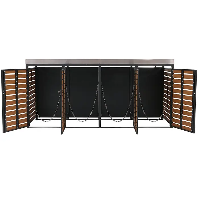 4er Mülltonnenverkleidung 124x265x84cm & Pflanzkasten Teak-Optik Edelstahl -  - Dreifach-Mülltonnenbox aus schwarzem Metall mit offenen braunen Lattenrosttüren, Edelstahldeckel und internen Ketten.