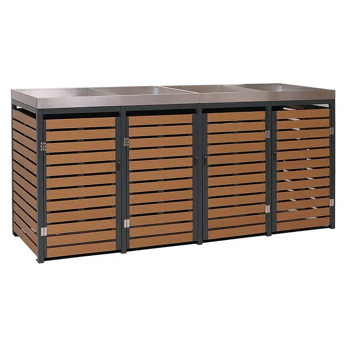 4er Mülltonnenverkleidung 124x265x84cm & Pflanzkasten Teak-Optik Edelstahl -  - Mülltonnenbox mit vier Fächern, Edelstahlplatte, dunkelgrauem Rahmen und braunen Lattenrohrtüren.