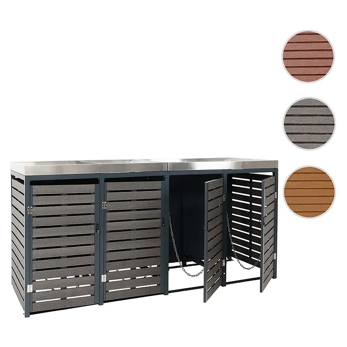 4er Mülltonnenverkleidung 124x265x84cm & Pflanzkasten Teak-Optik Edelstahl -  - Mülltonnenbox mit dunkelgrauem Rahmen, lamellenartigen grau-braunen Holzverbundtüren und Edelstahlplatte. Mehrere Fächer, teilweise offene Türen.