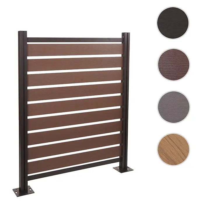 Alu Mülltonnen-Zaun 130x110x6cm Basiselement Grau Holzoptik erweiterbar -  - Brauner Komposit-Sichtschutz mit dunklem Metallrahmen und horizontalen Holzmaserungslamellen.