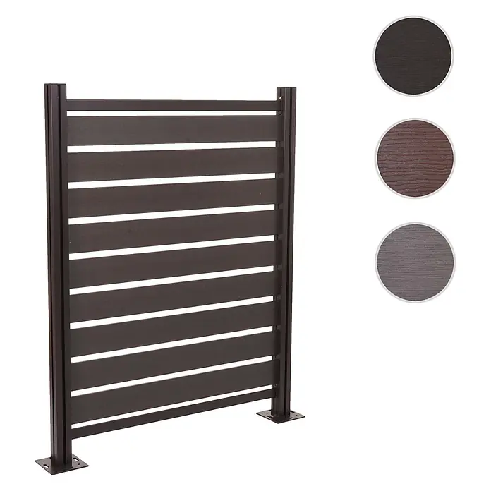 Alu Mülltonnen-Zaun 130x110x6 Basiselement Anthrazit Holzoptik erweiterbar -  - Dunkelbraunes WPC-Sichtschutzelement mit Querlamellen und Pfosten, mit Farbmustern.