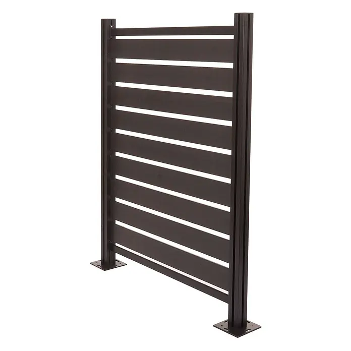 Alu Mülltonnen-Zaun 130x110x6 Basiselement Anthrazit Holzoptik erweiterbar -  - Dunkelbrauner Lamellen-Metall-Sichtschutz mit Montagepfosten.