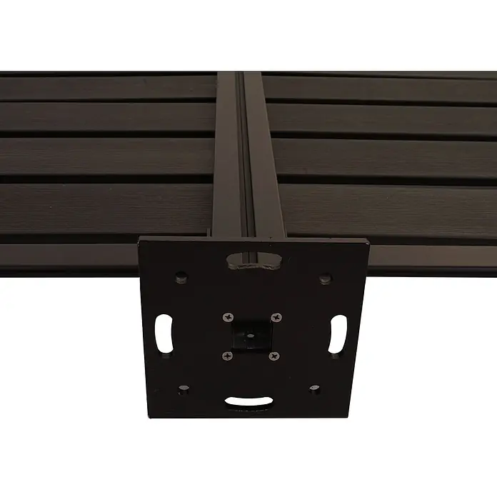 Alu Mülltonnen-Zaun 130x110x6 Basiselement Anthrazit Holzoptik erweiterbar -  - Schwarze Halterung an dunkelbraunen Verbundplatten, Befestigungspunkte sichtbar.