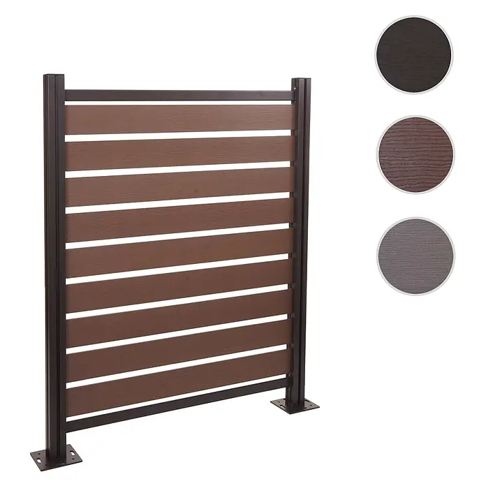 Alu Mülltonnen-Zaun 130x110x6cm Basiselement Braun Holzoptik erweiterbar -  - Brauner WPC-Sichtschutz mit dunklen Metallpfosten. Farbmuster für Dunkelbraun und Grau sind ebenfalls abgebildet.