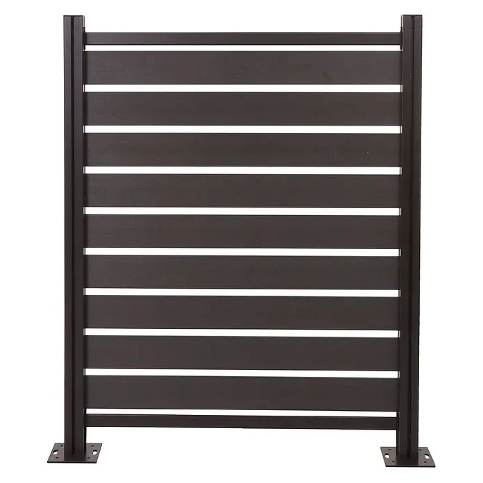 Alu Mülltonnen-Zaun 130x110x6 Basiselement Anthrazit Holzoptik erweiterbar -  - Dunkelbraunes Lamellen-Sichtschutzelement mit zwei vertikalen Pfosten und Grundplatten für Zaun oder Abtrennung.