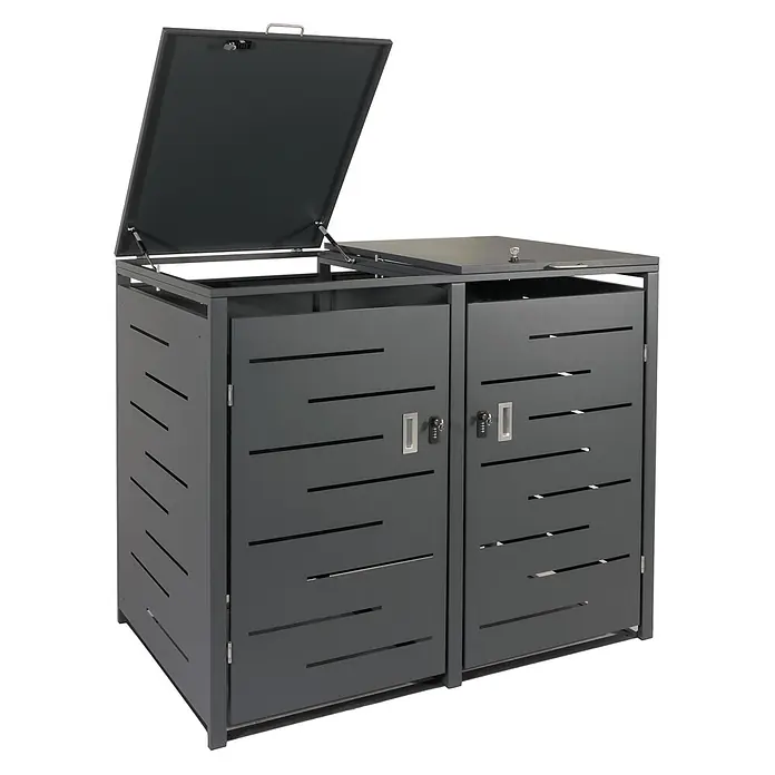 2er-Mülltonnenverkleidung 117x131x80cm Anthrazit Stahl 54kg erweiterbar -  - Dunkelgraue Metall-Mülltonnenbox für zwei Behälter, eine Klappe offen mit Gasfedern, zwei Türen mit Zahlenschlössern.