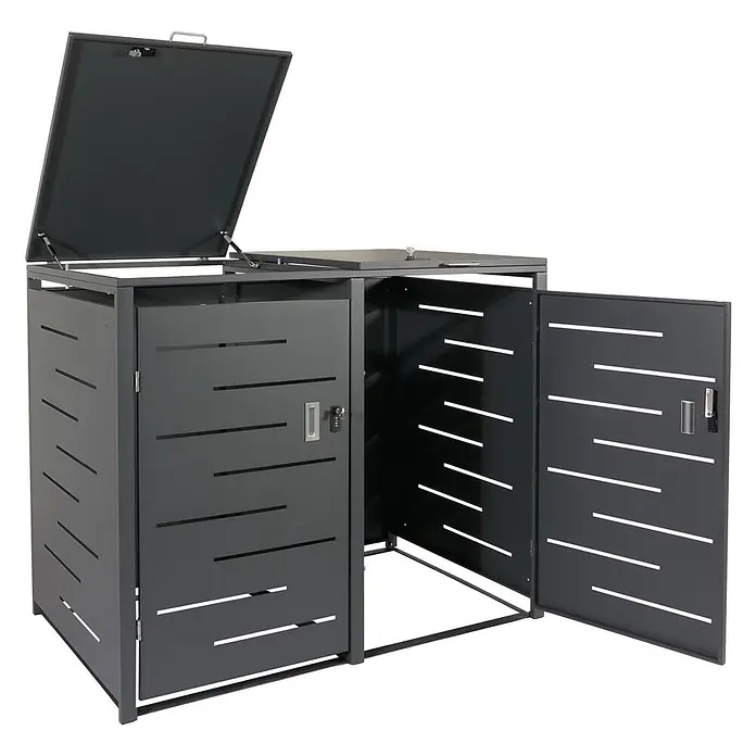 2er-Mülltonnenverkleidung 117x131x80cm Anthrazit Stahl 54kg erweiterbar -  - Dunkelgraue Mülltonnenbox aus Metall mit geöffnetem Deckel und einer Tür, mit Lamellendesign.