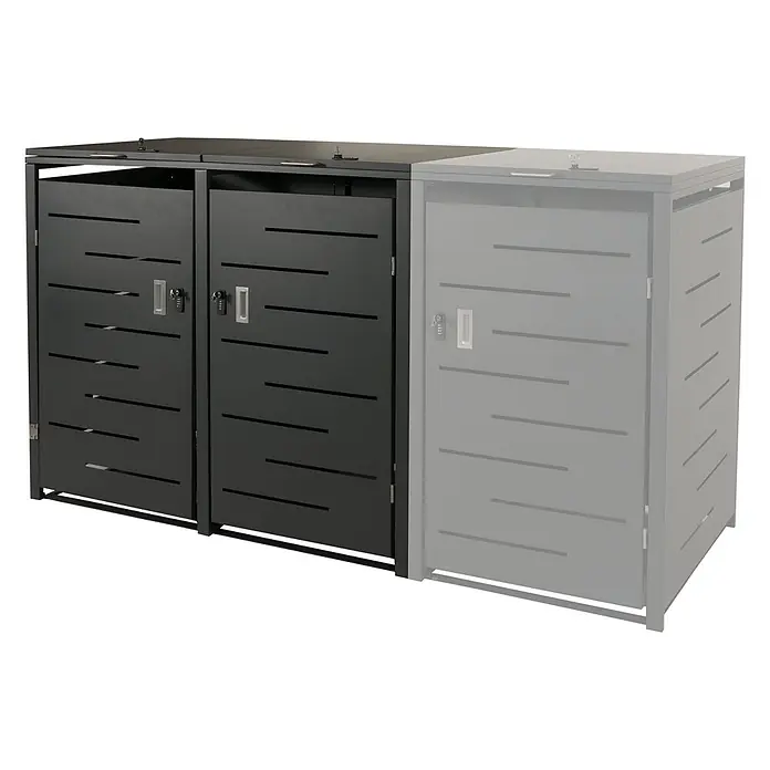 2er-Mülltonnenverkleidung 117x131x80cm Anthrazit Stahl 54kg erweiterbar -  - Zwei Mülltonnenboxen aus Metall, dunkelgrau/schwarz und hellgrau, mit Lamellentüren und Schlössern.