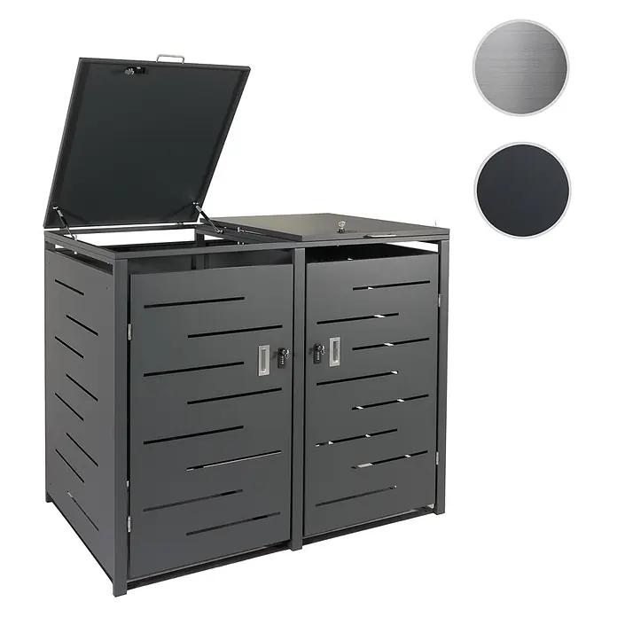 2er-Mülltonnenverkleidung 117x131x80cm Anthrazit Stahl 54kg erweiterbar -  - Anthrazitfarbene Mülltonnenbox aus Metall mit zwei Fächern, geschlitzten Türen und Zahlenschlössern, ein Deckel offen.