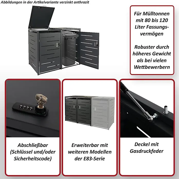 2er-Mülltonnenverkleidung 117x131x80cm Anthrazit Stahl 54kg erweiterbar -  - Verzinkte anthrazitfarbene Mülltonnenbox, abschließbar und erweiterbar, für 80-120L Mülltonnen, mit Gasdruckfederdeckel.