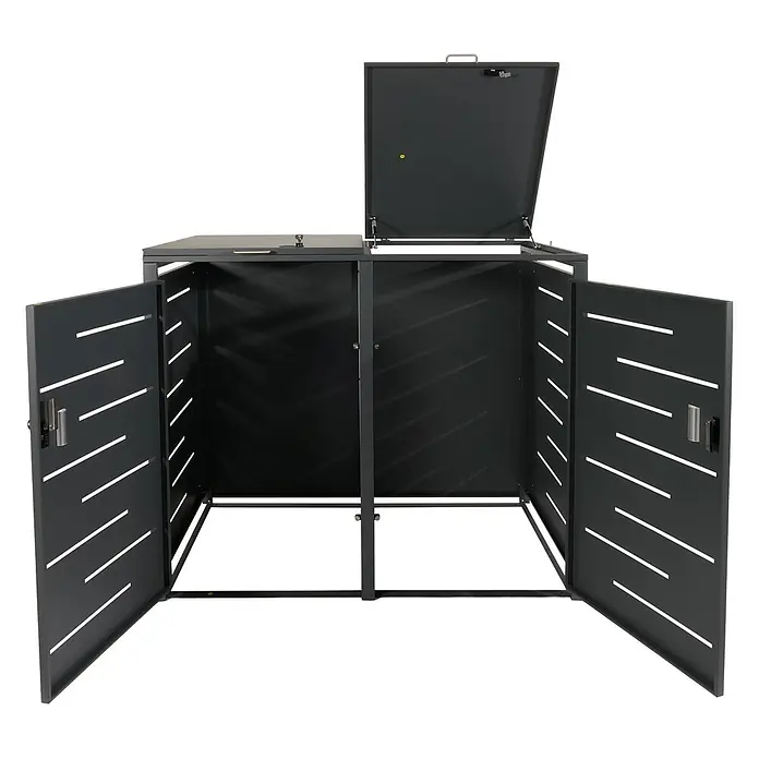 2er-Mülltonnenverkleidung 117x131x80cm Anthrazit Stahl 54kg erweiterbar -  - Dunkelgraues Metall-Mülltonnenhaus mit zwei Fächern, geöffneten Lamellentüren und zwei Deckeln.