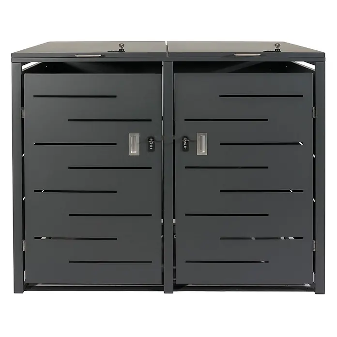2er-Mülltonnenverkleidung 117x131x80cm Anthrazit Stahl 54kg erweiterbar -  - Dunkelgraue Metall-Mülltonnenbox für zwei Behälter mit Lamellentüren, Zahlenschlössern und Deckelschlüsseln.