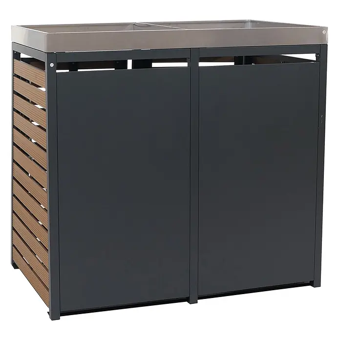 2er Mülltonnenverkleidung 124x134x84cm & Pflanzkasten Teak-Optik Edelstahl -  - Zweifach-Mülltonnenbox mit Metallplatte, dunkelgrauen Frontplatten und Holzlatten-Seitenwänden.
