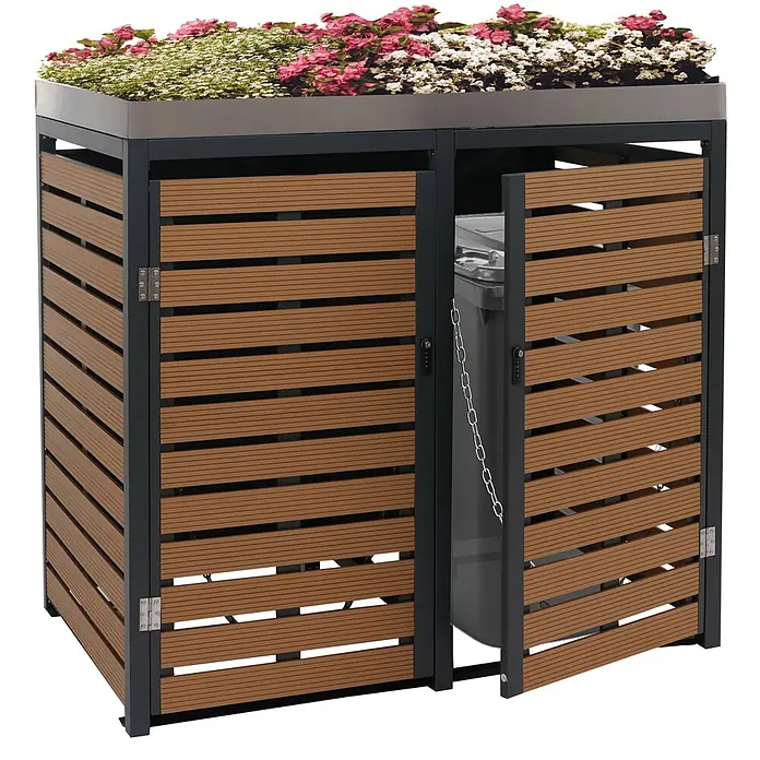 2er Mülltonnenverkleidung 124x134x84cm & Pflanzkasten Teak-Optik Edelstahl -  - Mülltonnenbox mit braunen Lamellentüren, dunkelgrauem Rahmen und bepflanztem Gründach. Eine Tür ist geöffnet und zeigt eine Mülltonne.