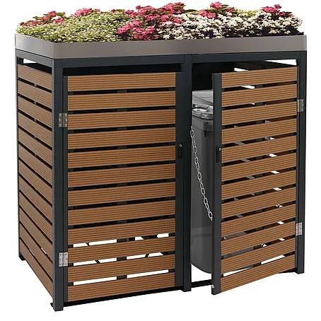 2er Mülltonnenverkleidung 124x134x84cm & Pflanzkasten Teak-Optik Edelstahl