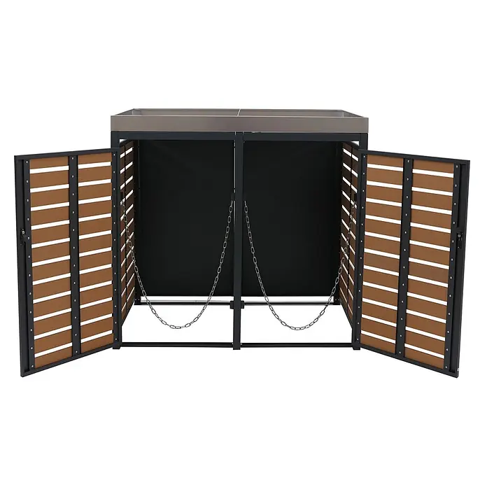 2er Mülltonnenverkleidung 124x134x84cm & Pflanzkasten Teak-Optik Edelstahl -  - Offene Mülltonnenbox mit silbergrauer Metallplatte und braunen Lamellentüren, die Ketten im Inneren zeigen.