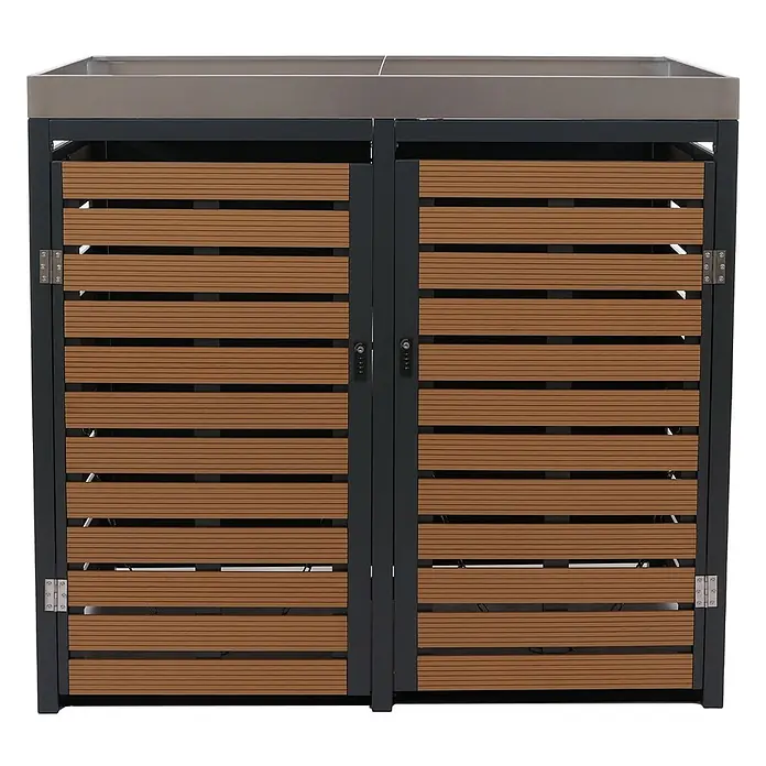 2er Mülltonnenverkleidung 124x134x84cm & Pflanzkasten Teak-Optik Edelstahl -  - Mülltonnenbox mit zwei Türen, dunkelgrauem Rahmen, braunen Lamellentüren und Metallabdeckung.