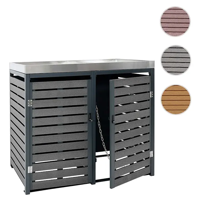2er Mülltonnenverkleidung 124x134x84cm & Pflanzkasten Teak-Optik Edelstahl -  - Dunkelgraue Lamellen-Mülltonnenbox mit Edelstahlabdeckung, zwei verschließbaren Türen und Farbmustern.