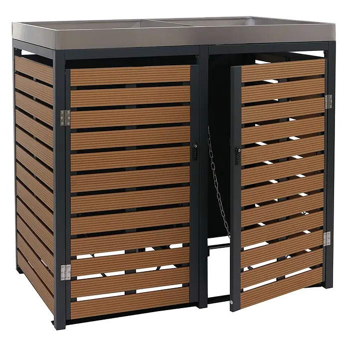 2er Mülltonnenverkleidung 124x134x84cm & Pflanzkasten Teak-Optik Edelstahl -  - Brauner Lamellen-Außenlagerschrank mit dunklem Metallrahmen, Doppeltüren und Kombinationsschloss, eine Tür offen.