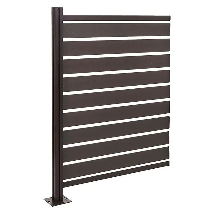 Alu Mülltonnen-Zaun 130x100x6cm Anthrazit Holzoptik erweiterbar -  - Dunkelbraunes Lamellen-Zaunelement mit Pfosten und Bodenplatte, ideal als Sichtschutz.