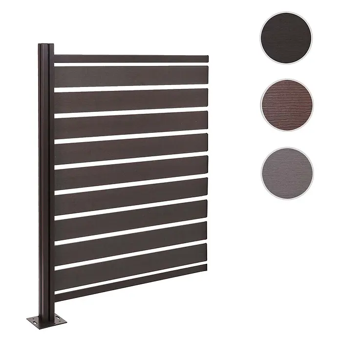 Alu Mülltonnen-Zaun 130x100x6cm Anthrazit Holzoptik erweiterbar -  - Dunkelbrauner Lamellen-Sichtschutz mit Metallpfosten und drei Farbmusteroptionen.