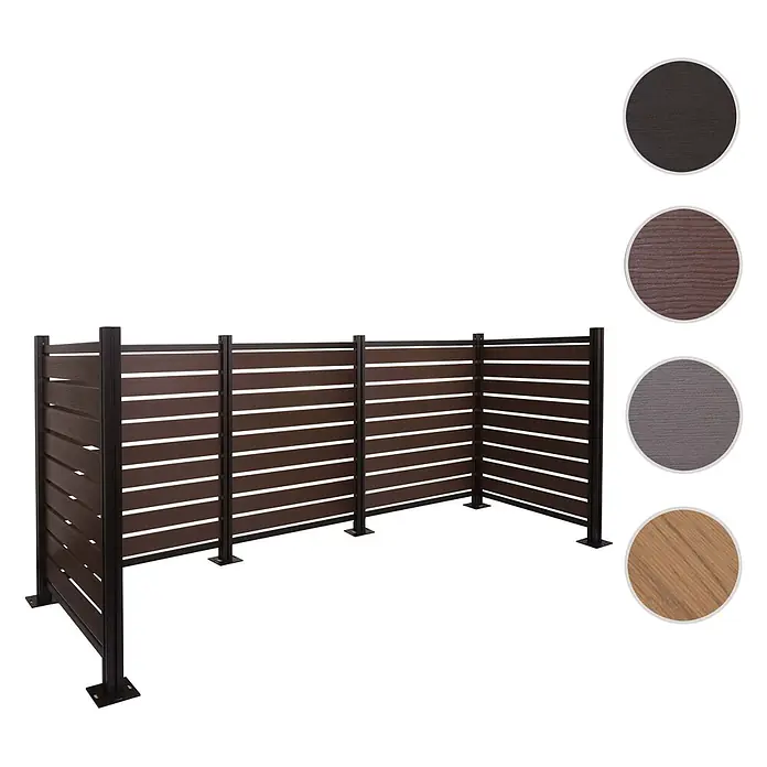 Alu Mülltonnen-Zaun 130x300x110cm Grau Holzoptik erweiterbar -  - Dunkelbrauner Lamellen-Sichtschutz mit schwarzen Metallpfosten.